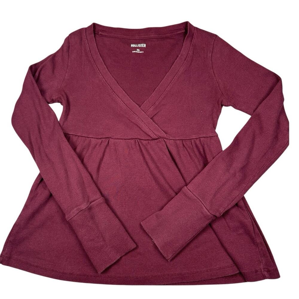 Hollister Surplice Babydoll Top Ribbed Knit Long Sleeve Burgundy XS
